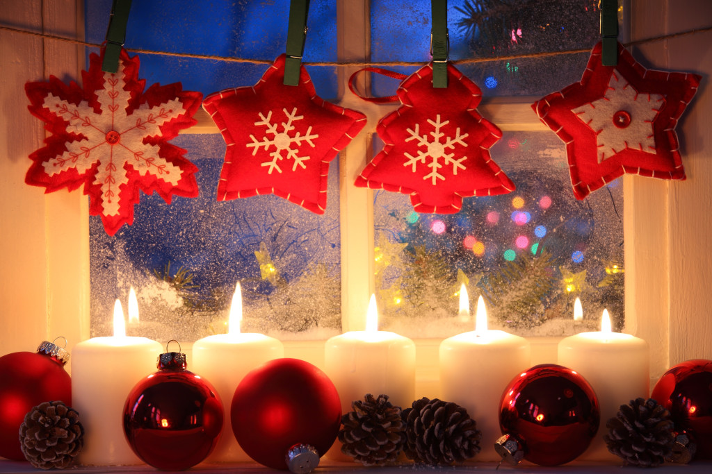 Frosted window with Christmas decoration